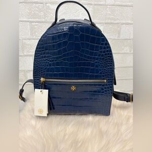 Tory Burch Navy Blue Croc Embossed Backpack NWT